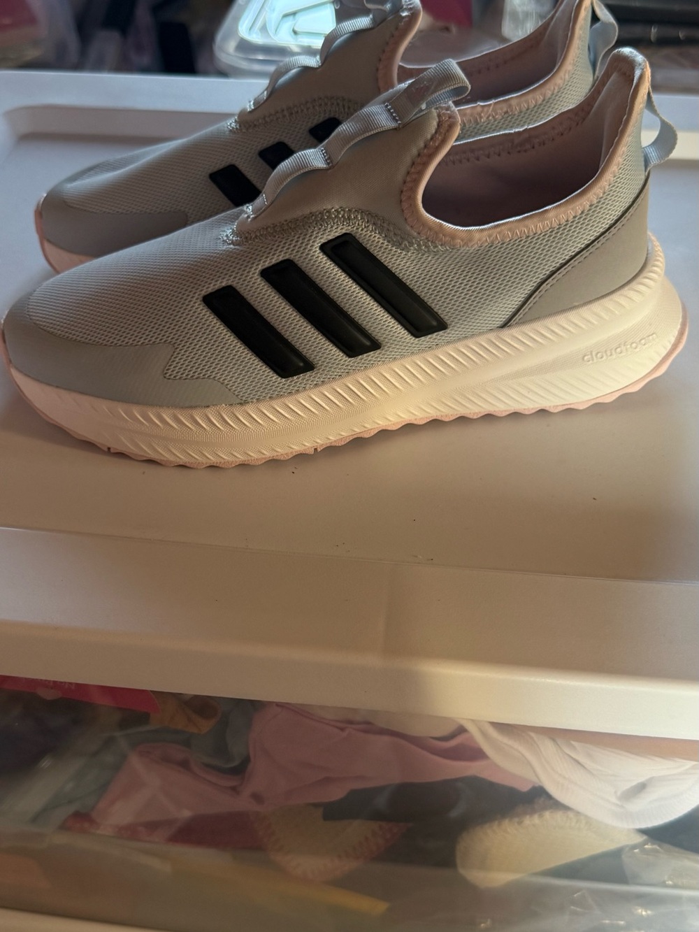 adidas Kids Slip-On Sneakers in Light Gray, Pink & Black